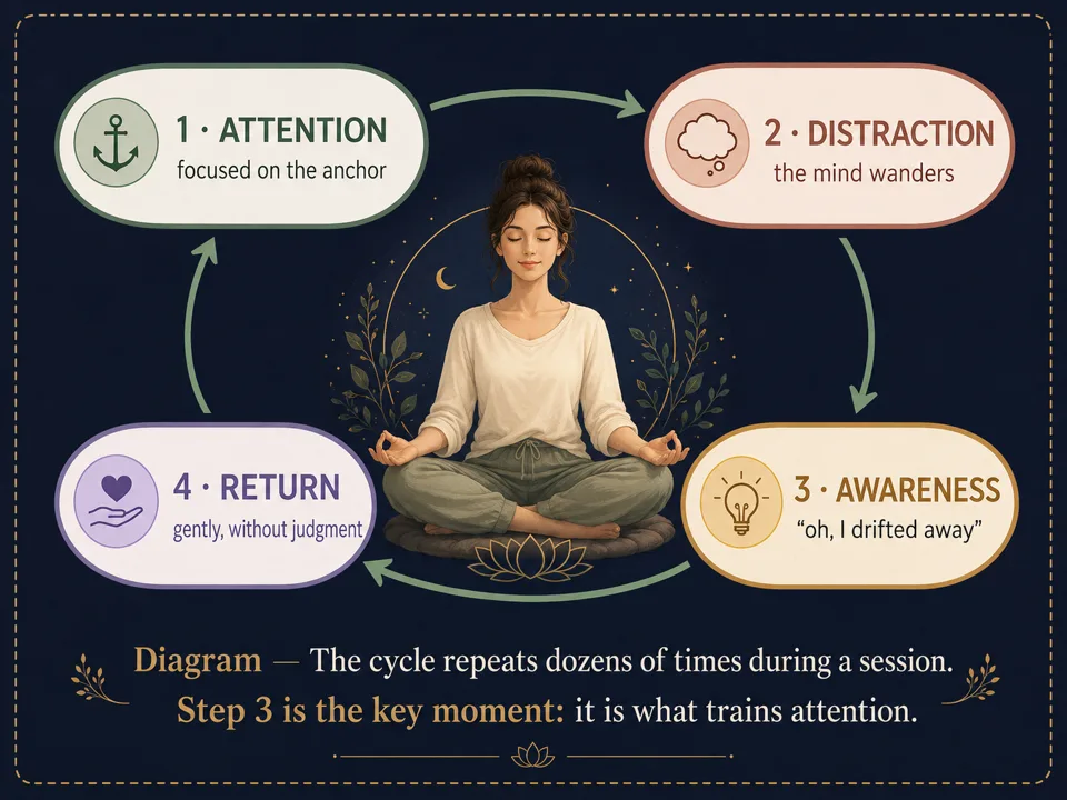 The attention cycle in mindfulness: attention, distraction, noticing, return