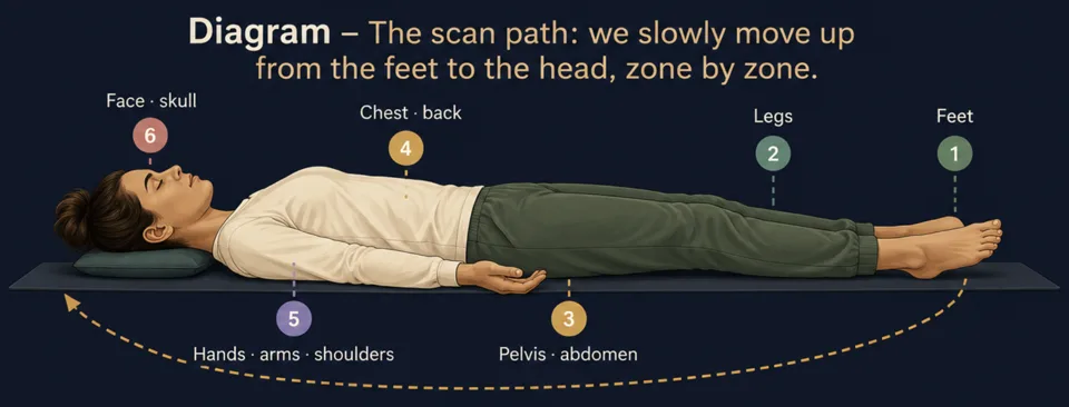 Body scan path diagram: slowly moving up from the feet to the head, region by region