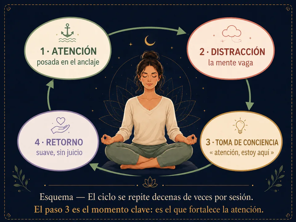 El ciclo de la atención en la atención plena: atención, distracción, darse cuenta, regreso