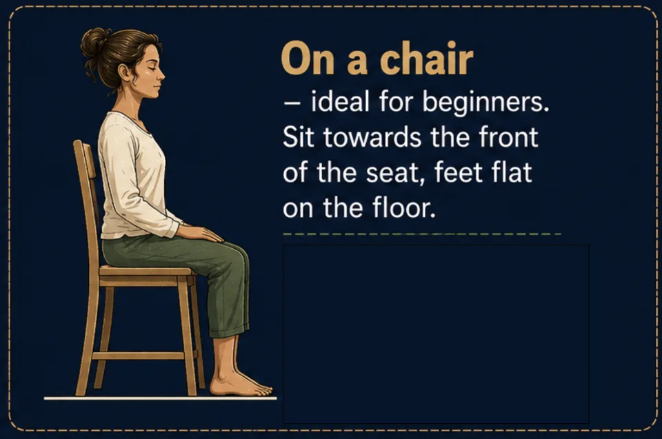 Cross-legged / Burmese position — on a firm cushion (zafu) to tilt the pelvis forward. Cross-legged / Burmese position — on a firm cushion (zafu) to tilt the pelvis forward.