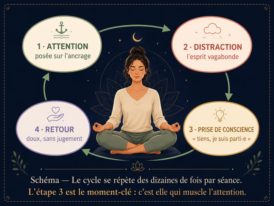 Le cycle de l'attention en pleine conscience : attention, distraction, prise de conscience, retour