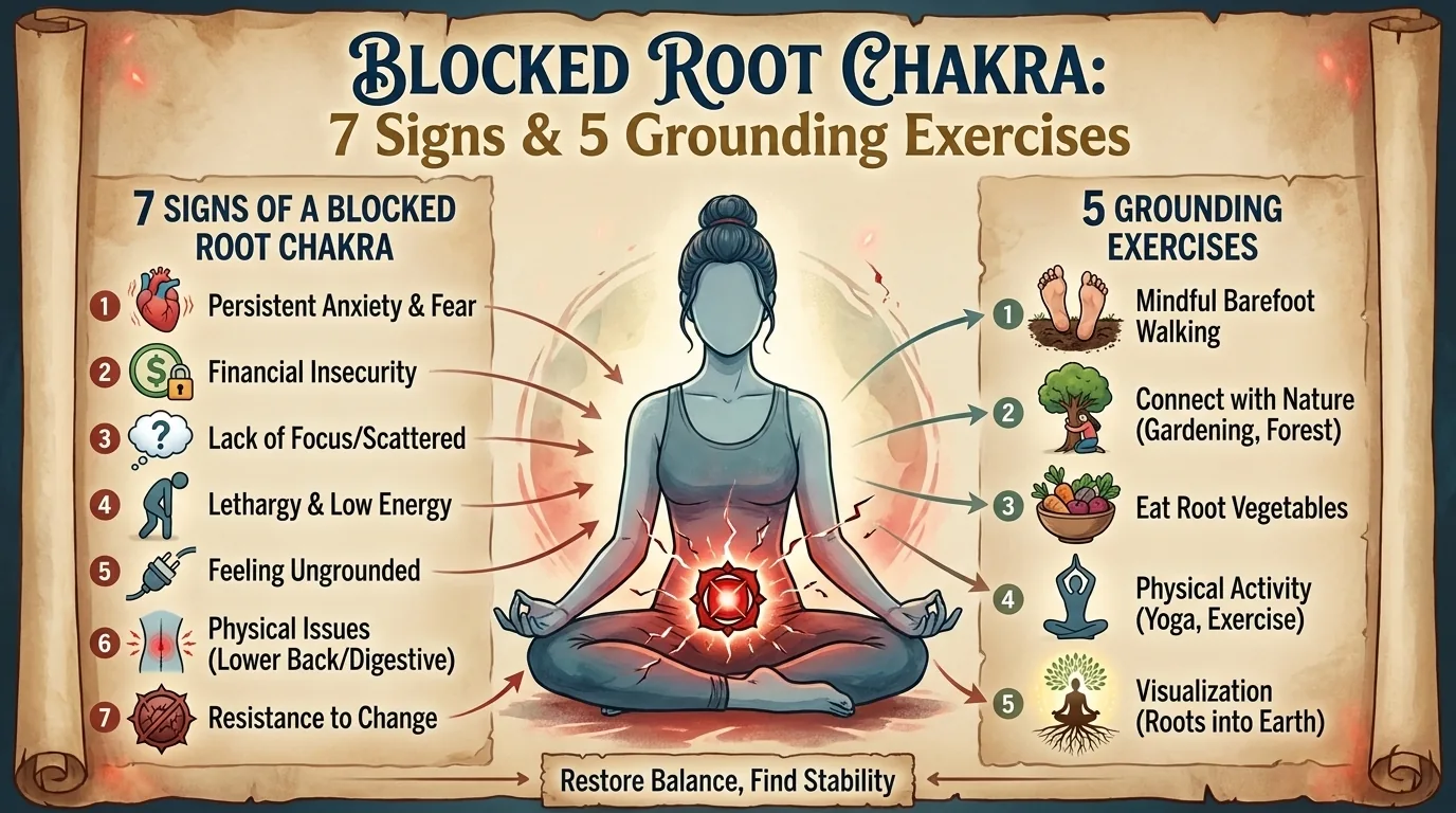 Woman meditating with a glowing red base chakra, flanked by 7 signs of a blocked root chakra and 5 grounding e Woman meditating with a glowing red base chakra, flanked by 7 signs of a blocked root chakra and 5 grounding exercises