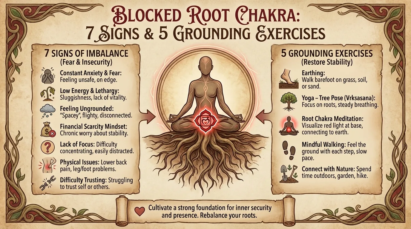 The five-minute grounding meditation Meditating figure with roots below the pelvis, seven blocked root chakra signs on the left, five grounding exercises right