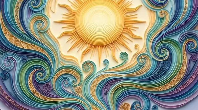Paper-quilled golden sun above swirling blue, green and violet waves, a soothing visual for breathing exercises to calm down