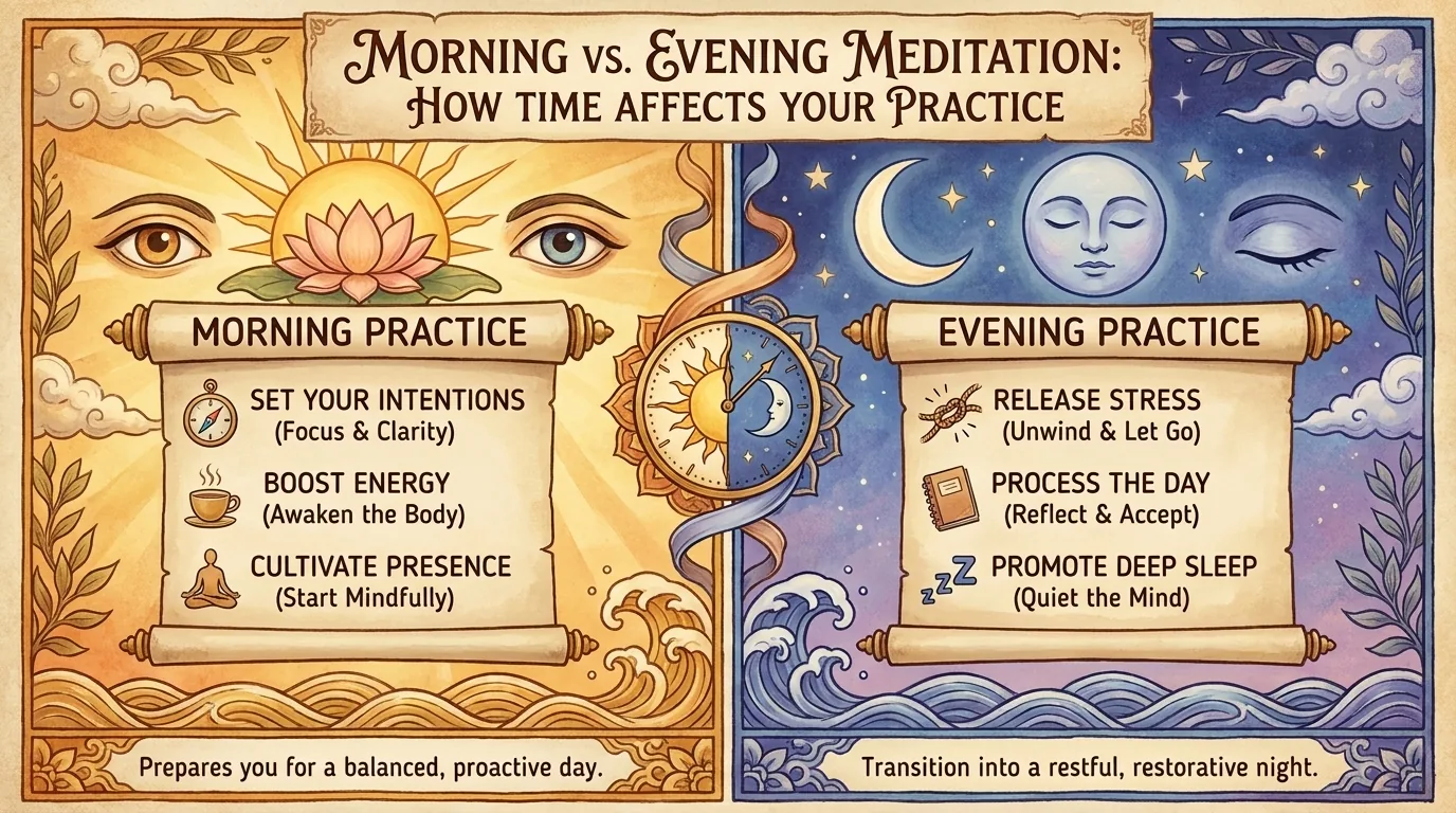 Sun and moon panels comparing morning meditation and evening meditation around a clock, with three benefits for each