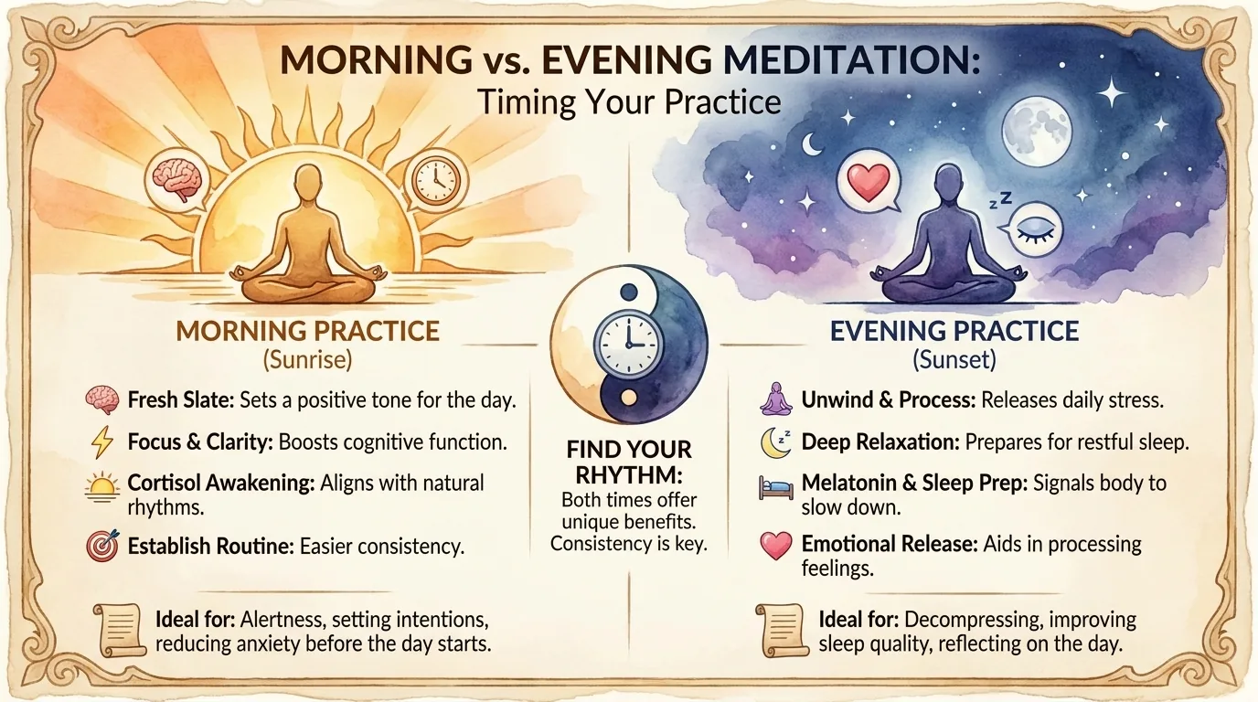 Morning meditation under a rising sun beside evening meditation under the moon, comparing benefits of each time of day