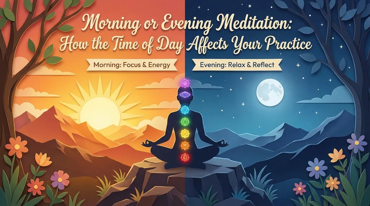 Silhouette meditating on a rock, split between sunrise and moonlit night, glowing chakras: the best time to meditate
