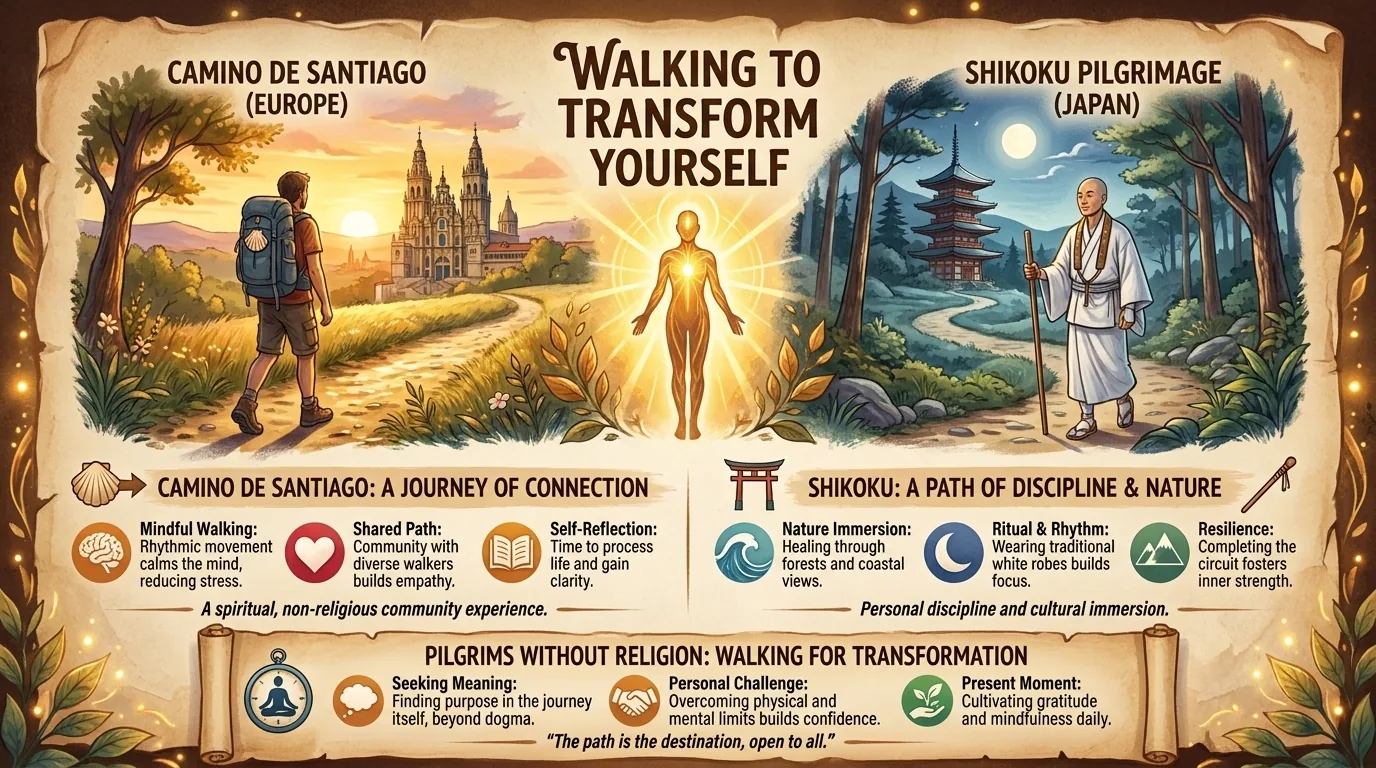 Pilgrimage without religion: a hiker on the Camino de Santiago and a white-robed Shikoku pilgrim, with benefits of each path