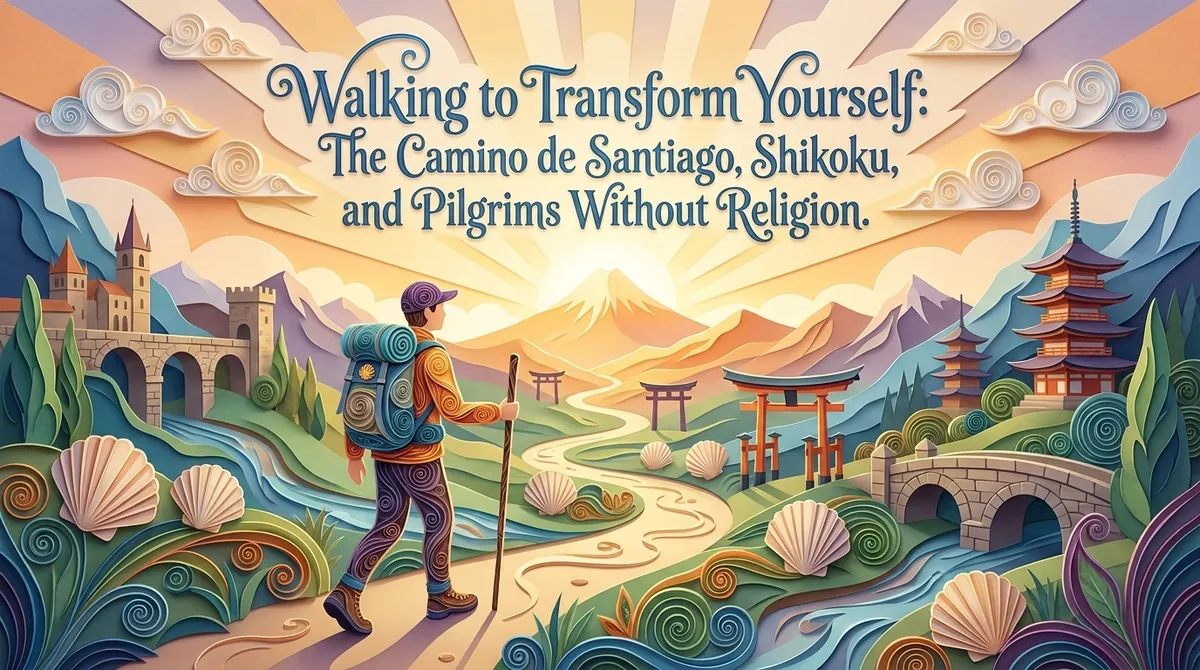Hiker with a staff on a winding path between Santiago scallop shells and Shikoku torii gates, a pilgrimage without religion