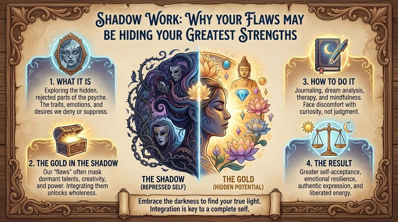 Face split between a dark side with masks and a golden side with lotuses, beside four panels explaining shadow Face split between a dark side with masks and a golden side with lotuses, beside four panels explaining shadow work
