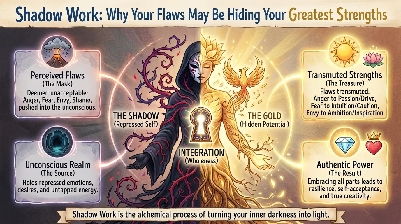 Shadow work diagram: a figure split into dark shadow and golden light, keyhole of integration, flaws turned in Shadow work diagram: a figure split into dark shadow and golden light, keyhole of integration, flaws turned into strengths