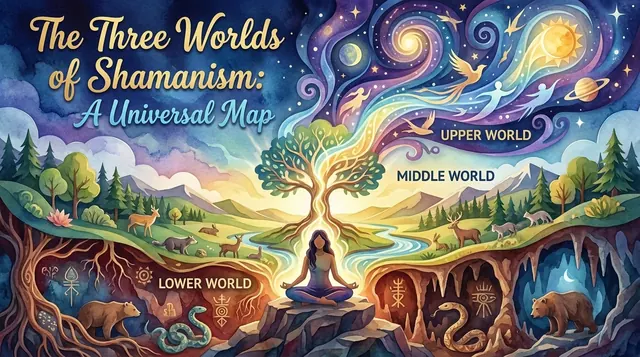 Woman meditating under a world tree linking the lower world of caves and animals, the middle world and the upper world