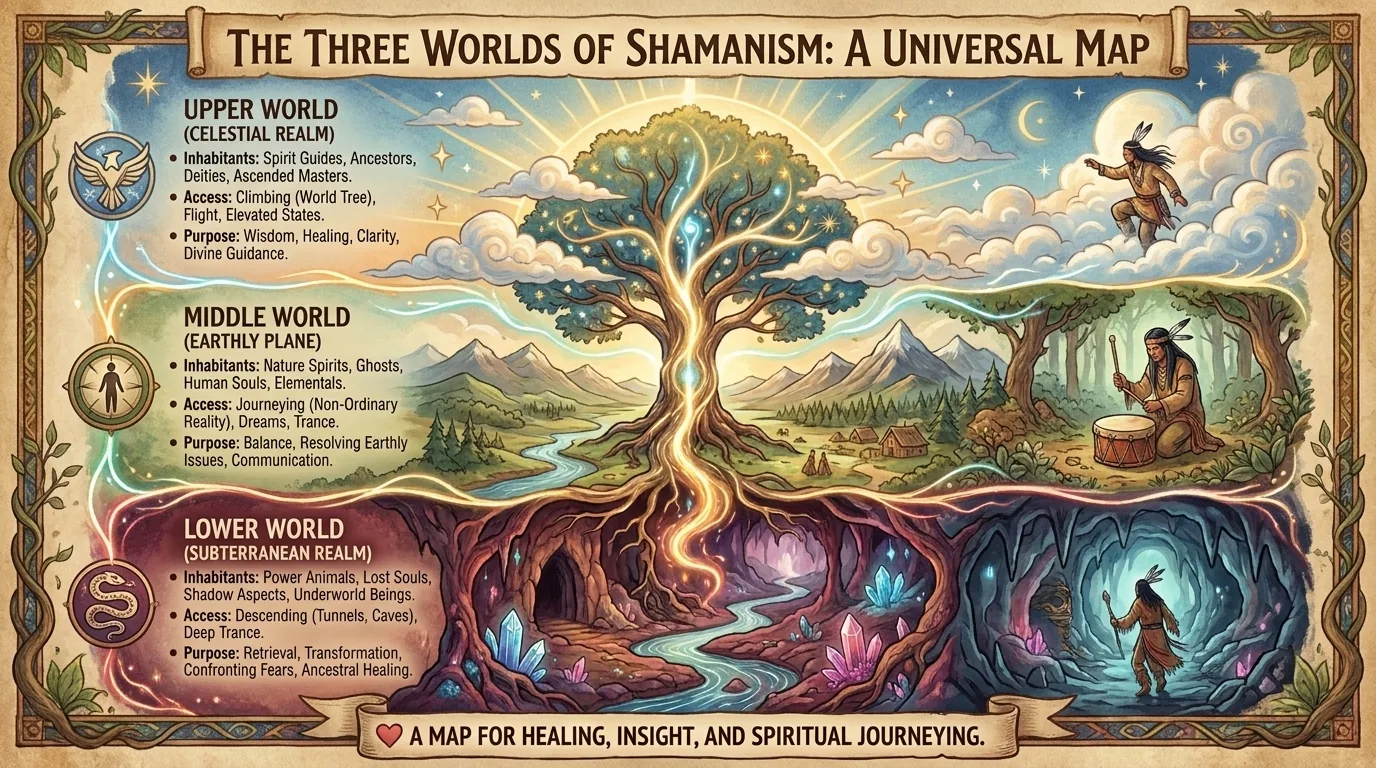 The Middle World: Our World, Seen Differently Map of the three worlds of shamanism: a world tree linking upper, middle and lower worlds, with a drummer and travelers
