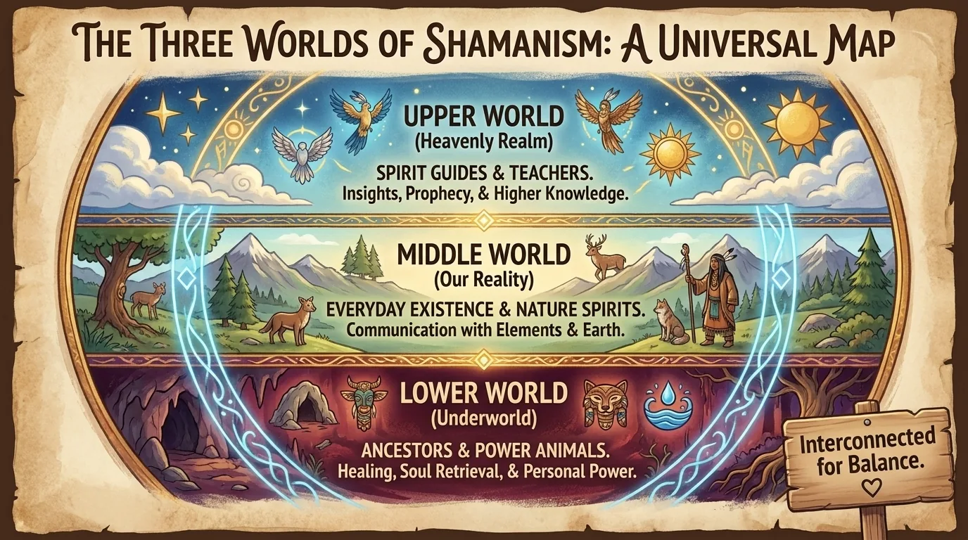 Three-band map of the three worlds of shamanism Three-band map of the three worlds of shamanism: a sky-filled Upper World, earthly Middle World and cave-lined Lower World