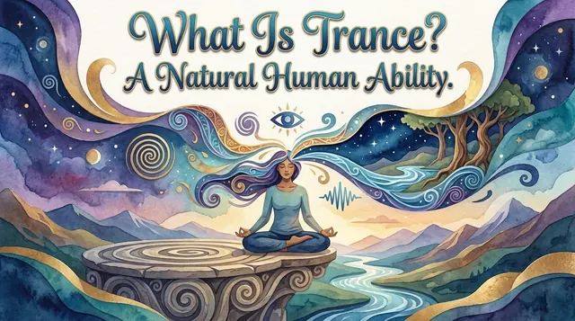 Woman meditating cross-legged on a carved spiral stone, swirling hair flowing into a starry sky, evoking a trance state