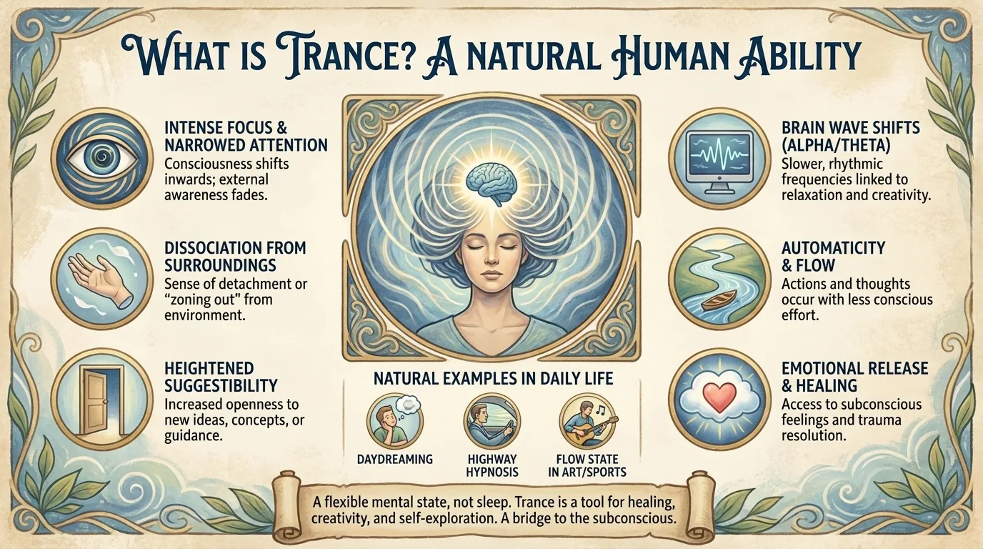 Woman with eyes closed amid spirals, six trance state traits and daily examples like daydreaming and highway hypnosis