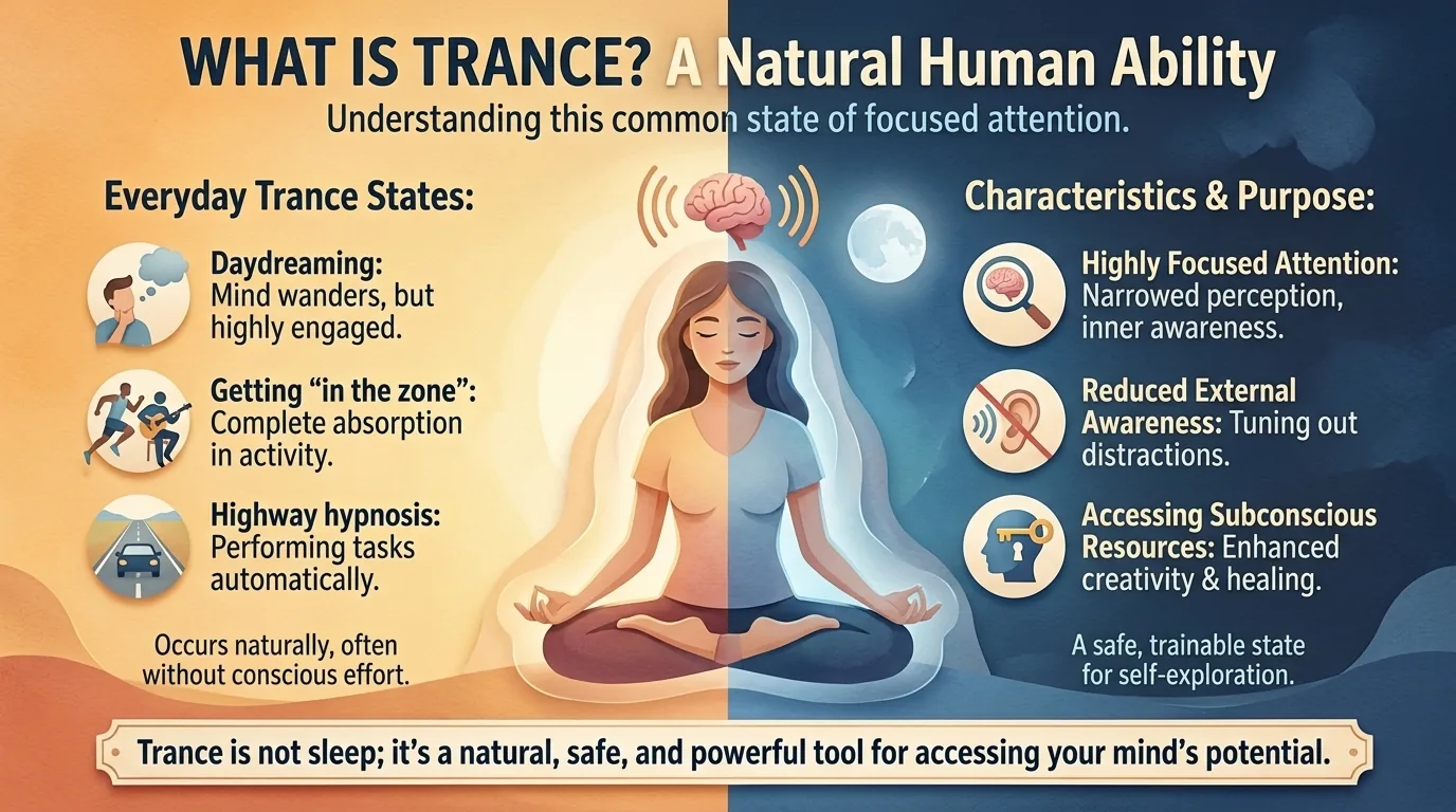 Woman meditating in warm and night-blue halves beside icons of everyday trance states like daydreaming and highway hypnosis