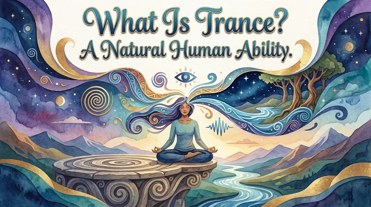 Woman meditating cross-legged on a carved spiral stone, swirling hair flowing into a starry sky, evoking a trance state