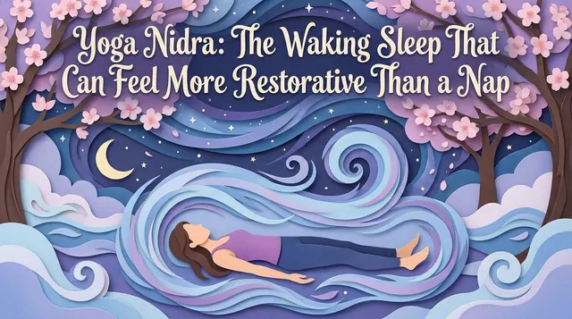 Woman lying on her back in yoga nidra, cradled by swirling blue paper waves under a crescent moon and cherry blossoms