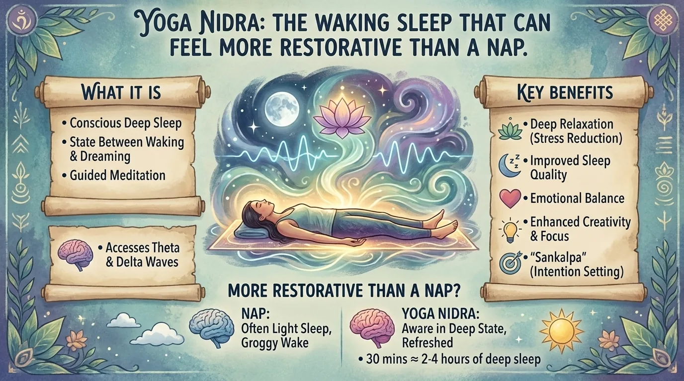 Woman lying on a mat in yoga nidra beneath a lotus and moon, framed by scrolls listing its definition and key benefits