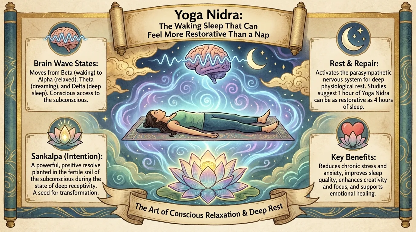Woman lying on a mat in yoga nidra, brain waves, sankalpa lotus, rest and repair and key benefits panels around her