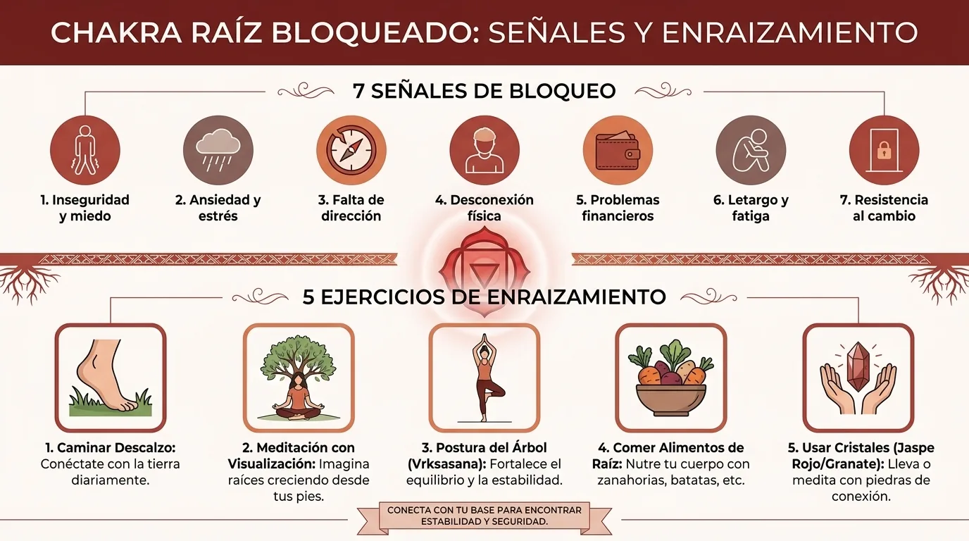 Infografía del chakra raíz bloqueado con siete iconos de señales y cinco ejercicios de enraizamiento ilustrado Infografía del chakra raíz bloqueado con siete iconos de señales y cinco ejercicios de enraizamiento ilustrados