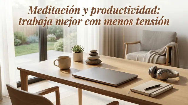 Escritorio ordenado junto al jardín, con portátil cerrado, piedras apiladas, té y cuaderno: concentrarse en el trabajo