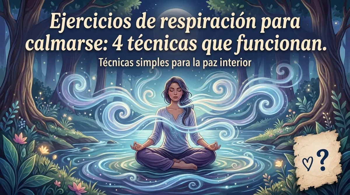 En este artículo Mujer medita sobre el agua en un bosque nocturno entre remolinos de aire: ejercicios de respiración para calmarse