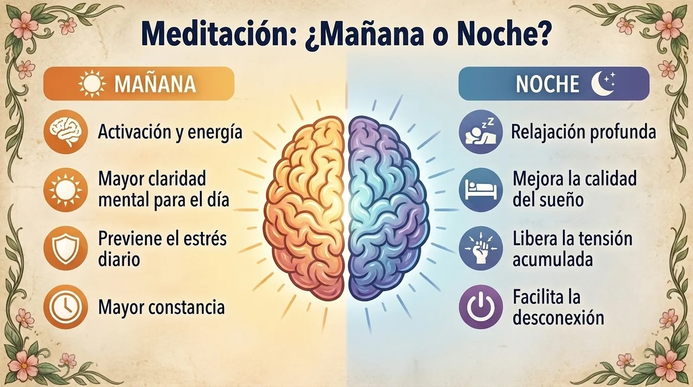 Cerebro mitad naranja y mitad violeta que compara los beneficios de meditar por la mañana o por la noche