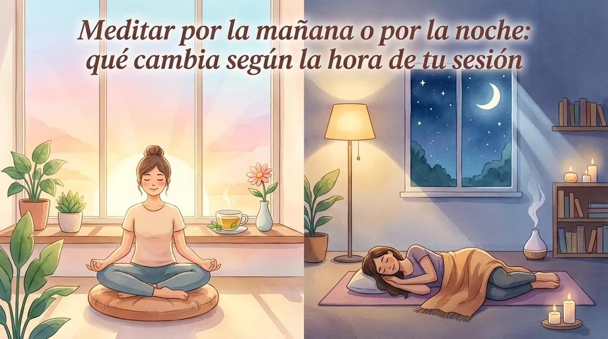 Mujer meditando sentada al amanecer y otra relajada sobre una esterilla de noche: meditar por la mañana o por la noche