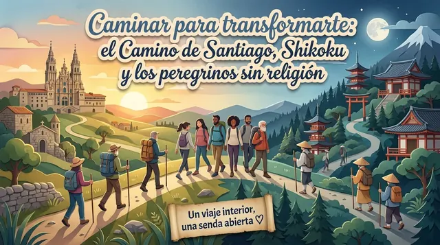 Camino de Santiago y Shikoku: peregrinación sin religión Peregrinos con mochilas y bastones en el Camino de Santiago, entre la catedral y los templos de Shikoku