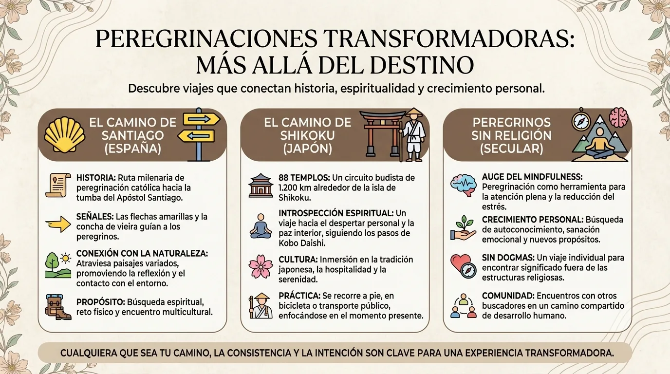 Infografía comparativa de tres formas de peregrinación sin religión: el Camino de Santiago, Shikoku y los peregrinos laicos