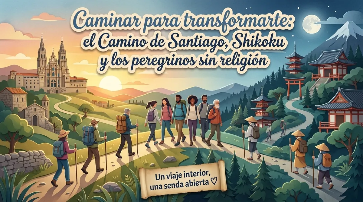 Peregrinos con mochilas y bastones recorren un sendero entre la catedral de Santiago y templos de Shikoku: peregrinación