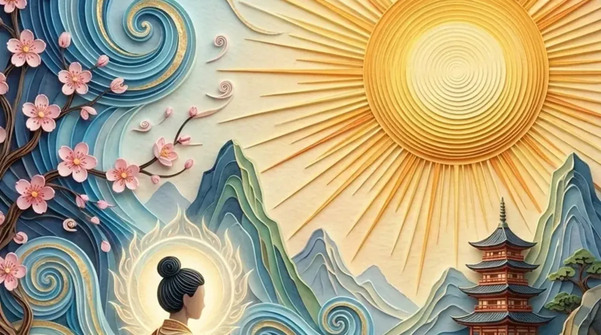 Persona de perfil meditando al borde de un acantilado frente a olas en espiral, una pagoda y un gran sol en quilling