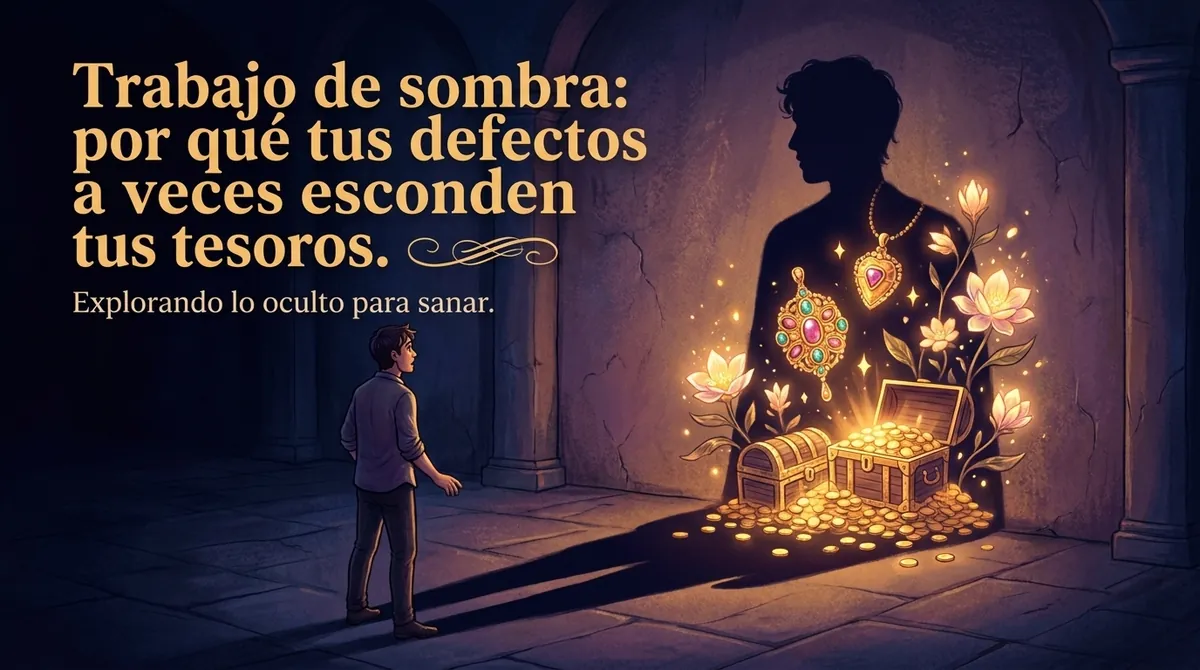 En este artículo Joven ante su sombra en un muro de piedra que revela cofres de oro, joyas y flores: el trabajo de sombra como tesoro oculto