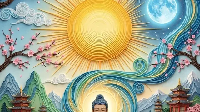 Buda con túnica naranja meditando bajo un sol radiante y la luna llena, pagodas, cerezos y olas de papel recortado