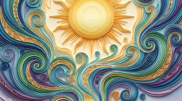 Persona meditando sobre una roca bajo un gran sol, remolinos de colores, río, pagoda y cerezos de papel