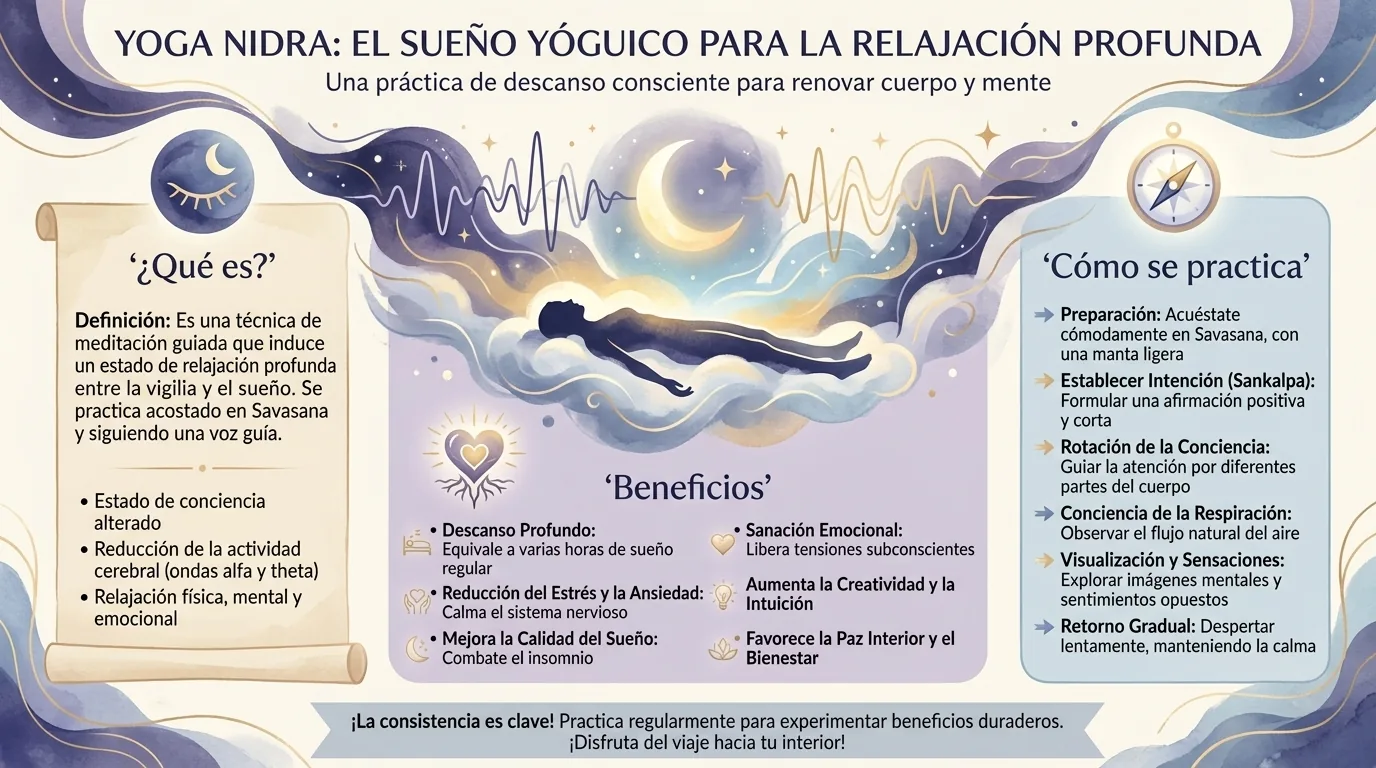 Infografía de yoga nidra con una figura acostada entre nubes y la luna, su definición, beneficios y pasos de l Infografía de yoga nidra con una figura acostada entre nubes y la luna, su definición, beneficios y pasos de la práctica