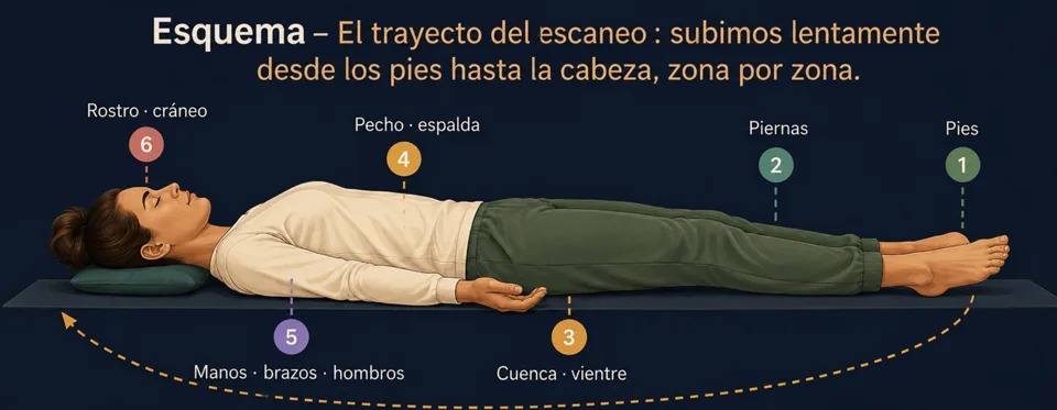 Esquema del recorrido del escaneo corporal: se sube lentamente de los pies a la cabeza, zona por zona