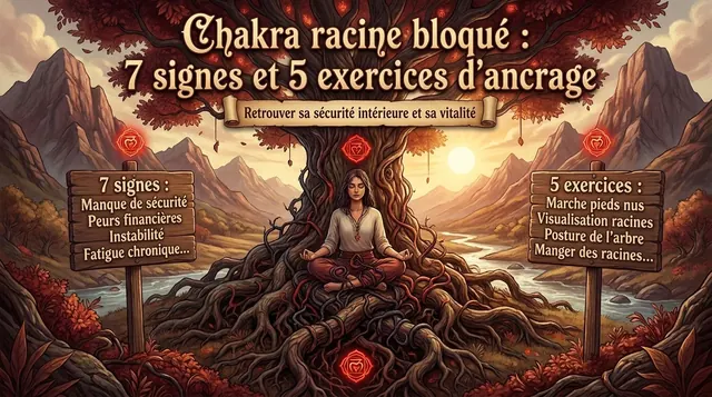 Femme en méditation au pied d’un arbre aux racines géantes, panneaux listant les signes du chakra racine bloqué et l’ancrage