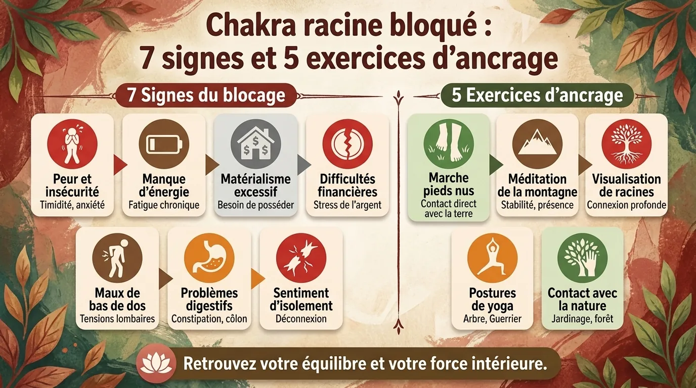 Infographie du chakra racine bloqué : 7 signes comme la peur, la fatigue ou le mal de dos, et 5 exercices d’ancrage illustrés