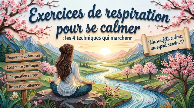 Femme assise de dos face à une rivière et aux montagnes, panneaux des 4 exercices de respiration pour se calmer