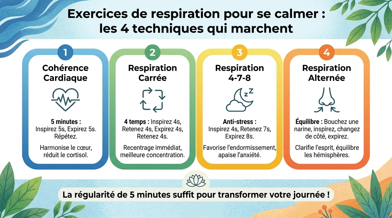 Respiration carrée : la méthode ultra-simple Quatre cartes colorées pour chaque exercice de respiration pour se calmer : cohérence cardiaque, carrée, 4-7-8, alternée