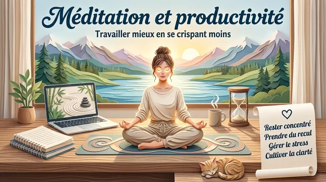 Méditation au travail : travailler mieux, moins crispé Femme méditant sur un bureau près d’un ordinateur et d’un sablier, face à un lac de montagne : méditation au travail