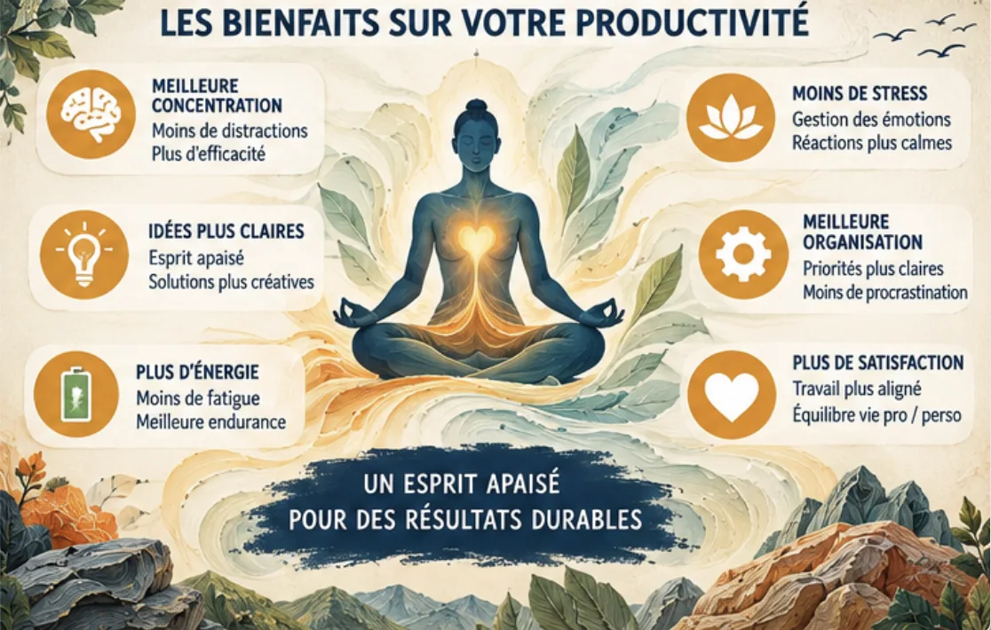 Silhouette en méditation entourée de six bienfaits Silhouette en méditation entourée de six bienfaits : concentration, idées claires, énergie, moins de stress, organisation