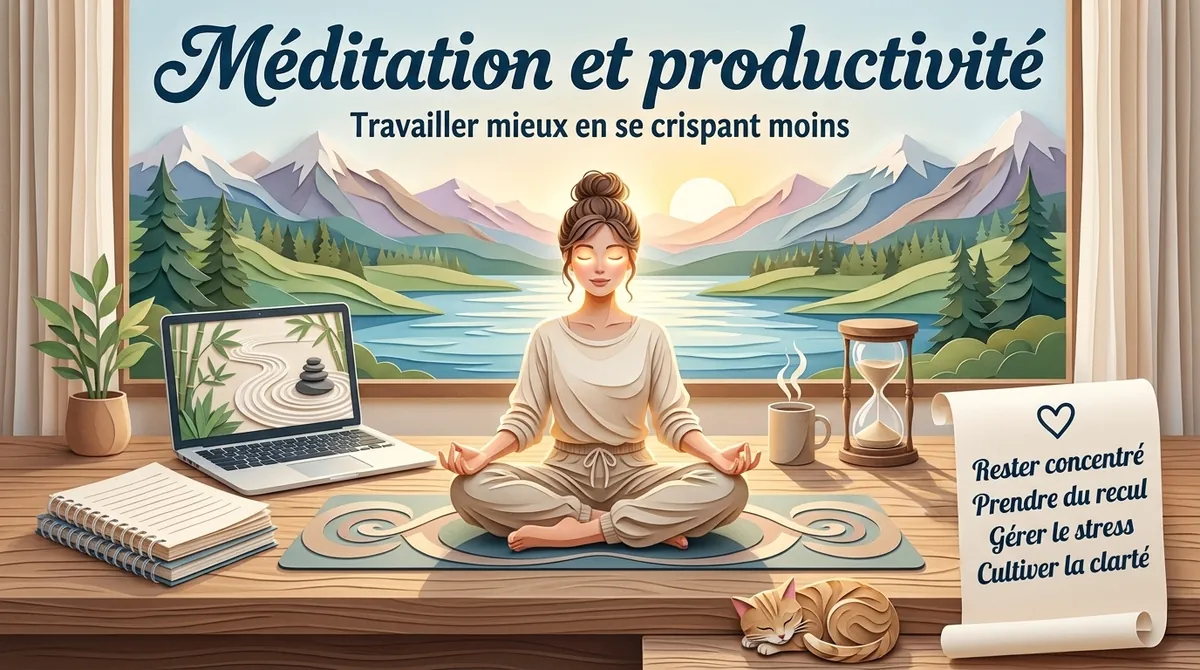Dans cet article Femme méditant sur un bureau près d’un ordinateur et d’un sablier, face à un lac de montagne : méditation au travail