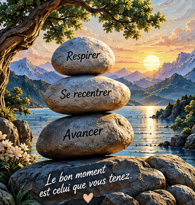 Attention à votre chronotype Trois galets empilés gravés Respirer, Se recentrer, Avancer face à un lac au soleil levant, pour méditer le matin ou le soir