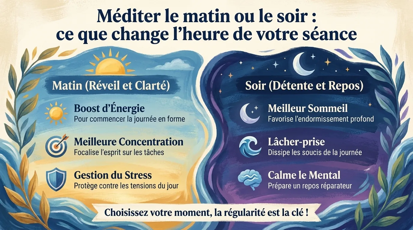 Méditer le soir : décharger la journée Tableau en deux moitiés, soleil et lune : bienfaits de méditer le matin (énergie, concentration) ou le soir (sommeil, calme)