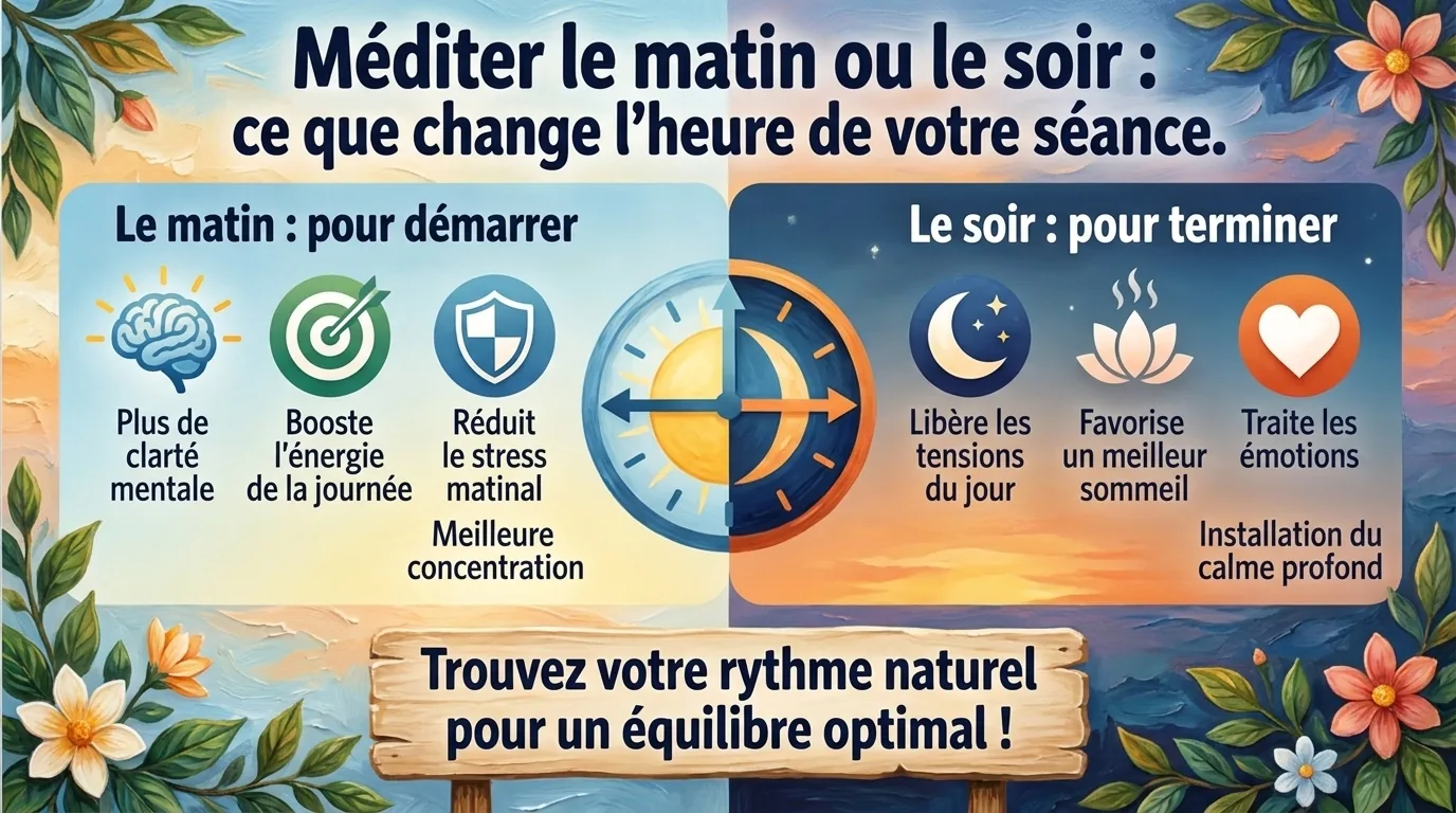 La vraie règle : choisissez l’heure que vous pouvez défendre Horloge mi-soleil mi-lune séparant les bienfaits de méditer le matin (clarté, énergie) et le soir (sommeil, émotions)