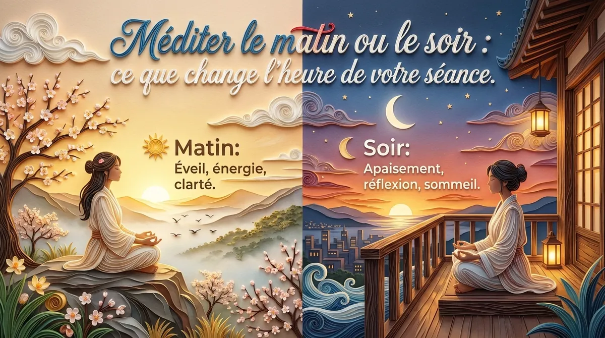 Dans cet article Deux femmes en méditation, l’une au lever du soleil sur un rocher, l’autre le soir sur un balcon : méditation matin ou soir